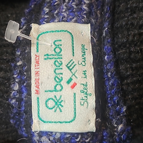 Benetton Vintage 80's Mohair Cowl Neck Sweater Blue Black Made in Italy - Picture 3 of 5